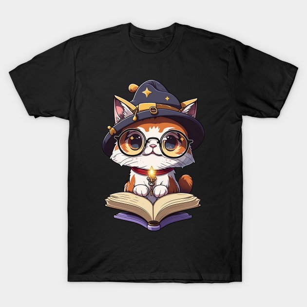 Cute Magical Cat with a Spellbook - Adorable Magic Cat Cartoon T-Shirt by SergioCoelho_Arts